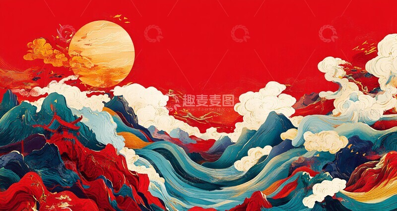 高清大图下载【趣麦麦图】山水图案古卷展开3