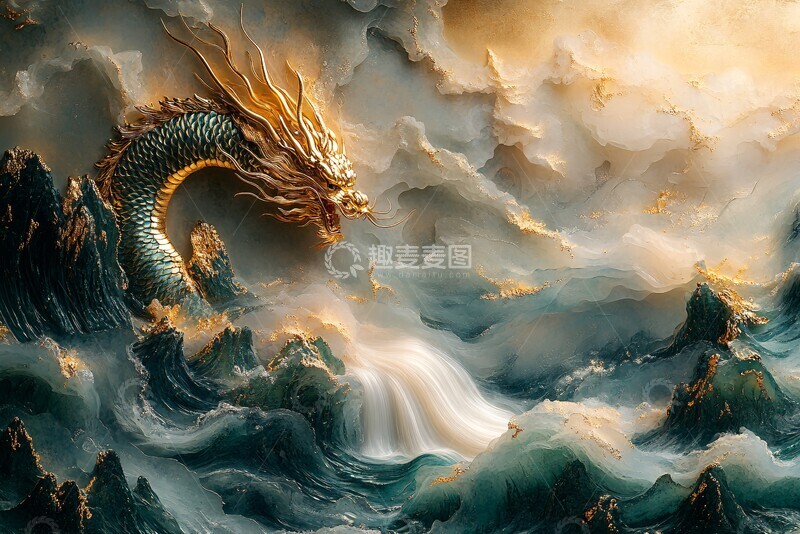 高清大图下载【趣麦麦图】龙形山水刺绣图2