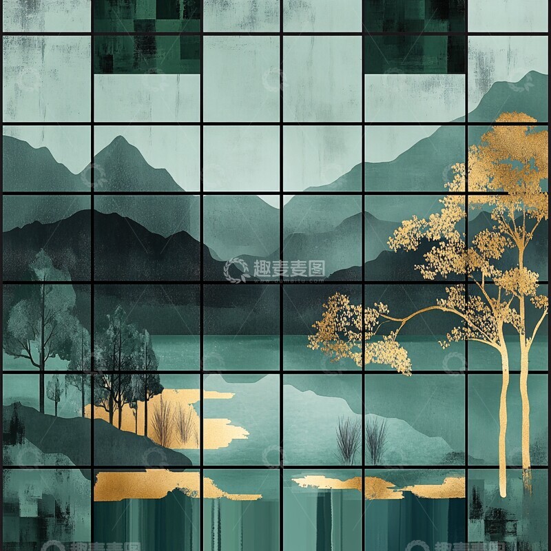 高清大图下载【趣麦麦图】-绿黑方格湿地画