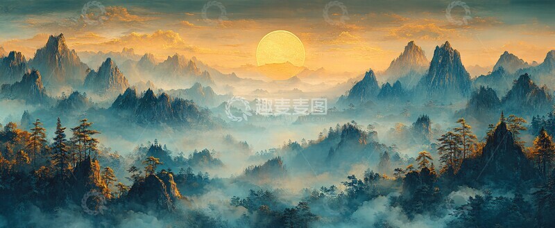 高清大图下载【趣麦麦图】山峦云雾日月图