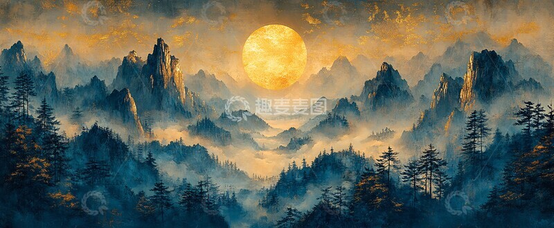 高清大图下载【趣麦麦图】山峦云雾日月图1