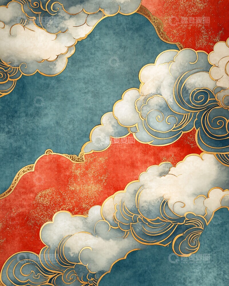 高清大图下载【趣麦麦图】云纹图案金边红灰3