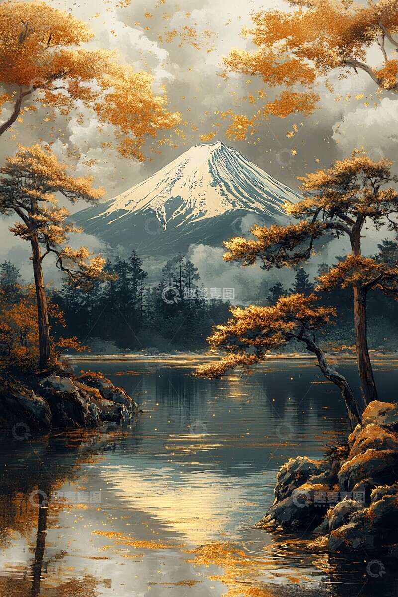 高清大图下载【趣麦麦图】黄金云彩围绕富士山