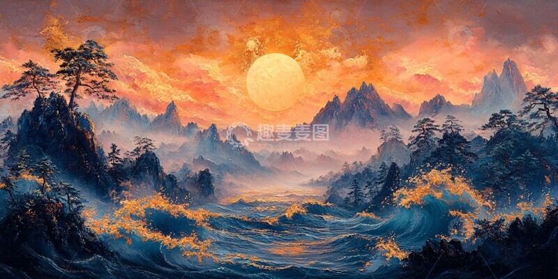 高清大图下载【趣麦麦图】粉金山水绣纹图3