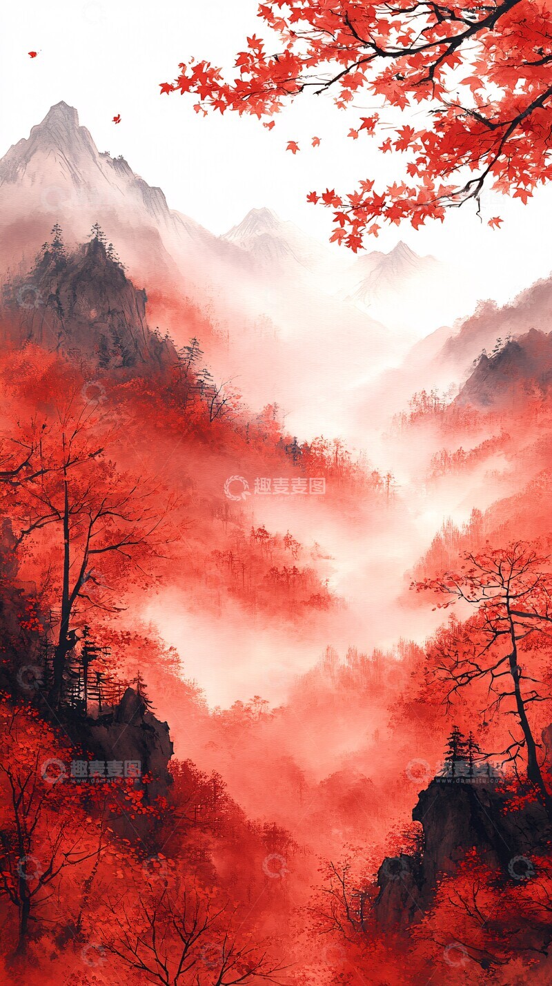高清大图下载【趣麦麦图】红枫山景红枫秋色重叠3