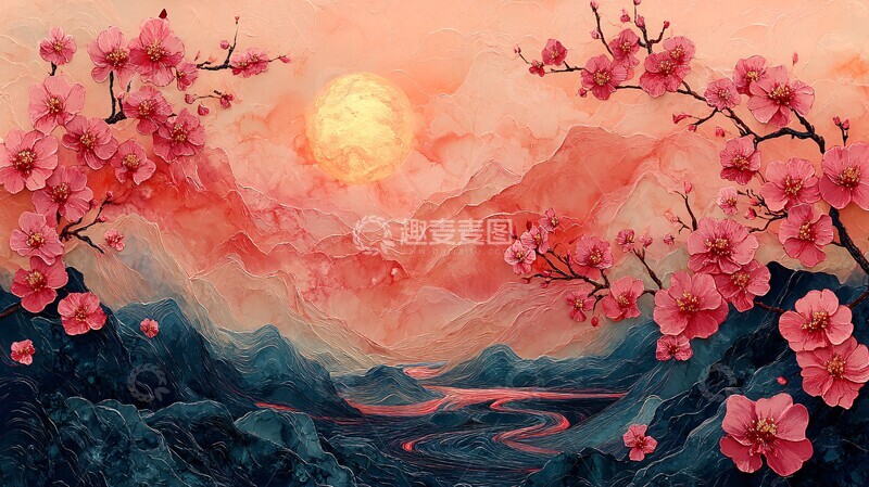 高清大图下载【趣麦麦图】桃花流溪远山晨曦3