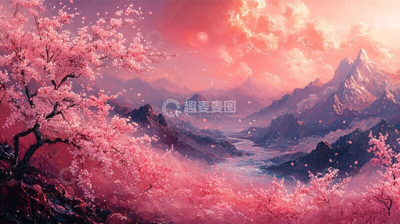 高清大图下载【趣麦麦图】桃花流溪远山晨曦2