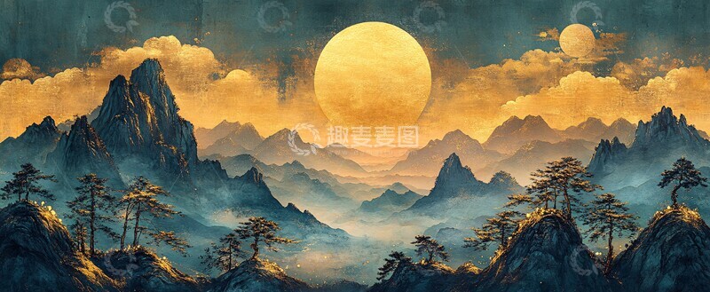 高清大图下载【趣麦麦图】山峦云雾日月图3
