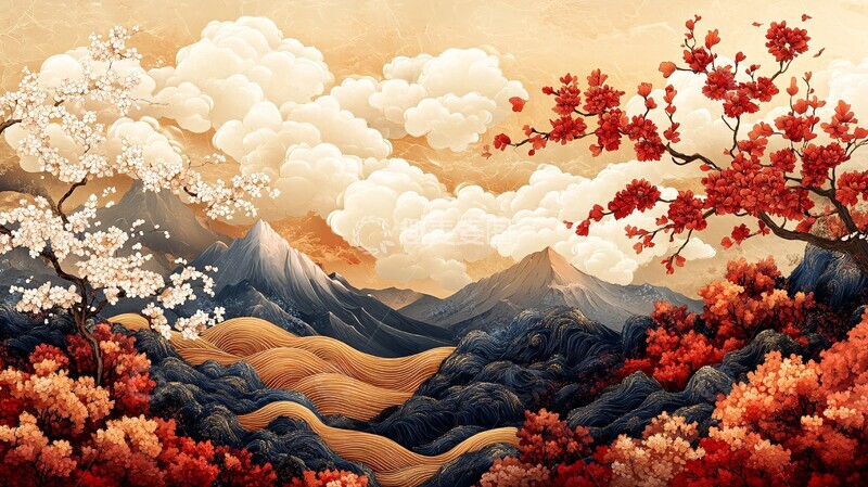 高清大图下载【趣麦麦图】云纹山水花鸟图