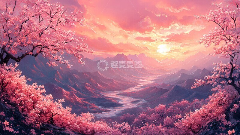 高清大图下载【趣麦麦图】桃花流溪远山晨曦