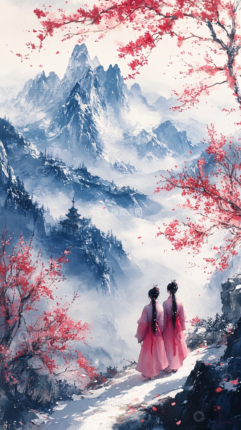 高清大图下载【趣麦麦图】春山雪峰桃花图2