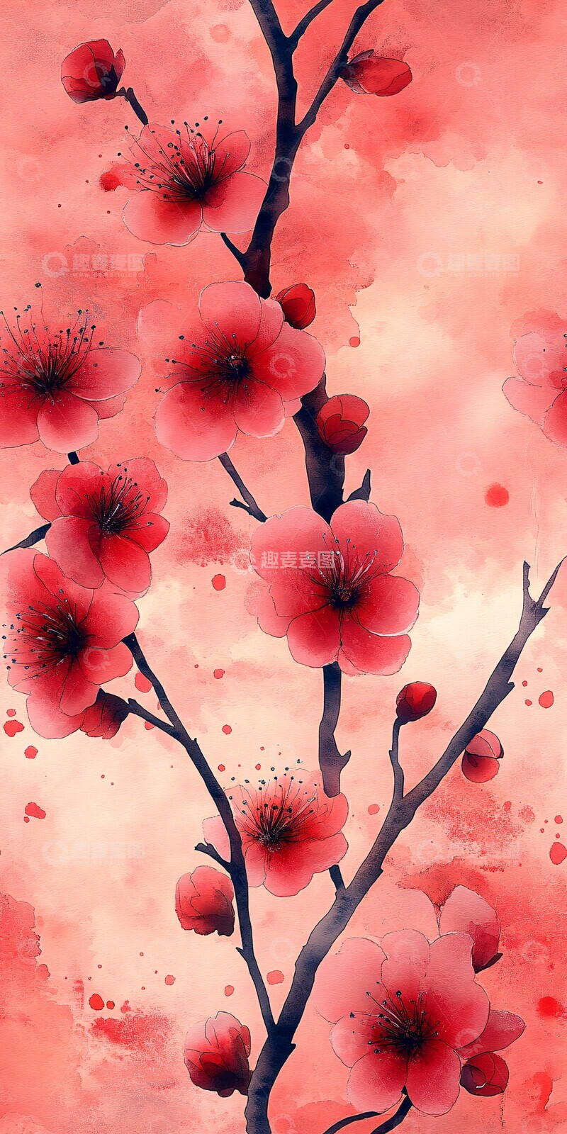 高清大图下载【趣麦麦图】樱花水彩图案
