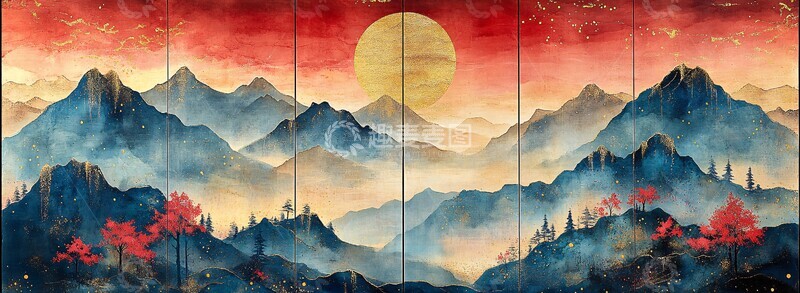 高清大图下载【趣麦麦图】山水桃花屏风