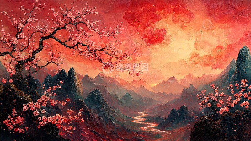 高清大图下载【趣麦麦图】桃花流溪远山晨曦1