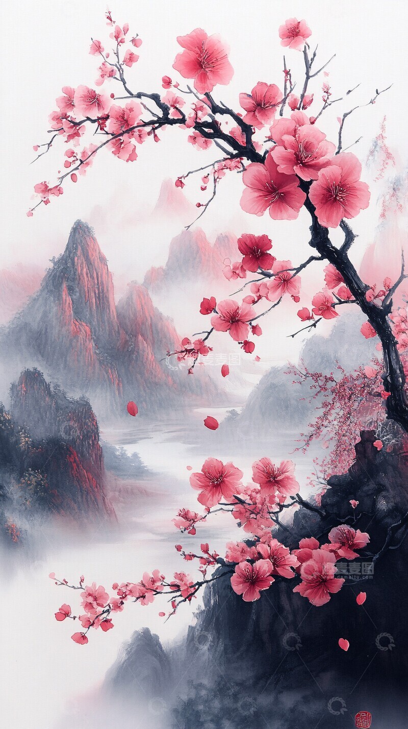 高清大图下载【趣麦麦图】桃花流水桃花流水墨画1