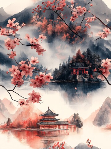 古寺云雾山水图