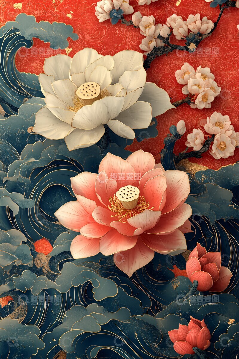 高清大图下载【趣麦麦图】蛇年莲花祥云波纹