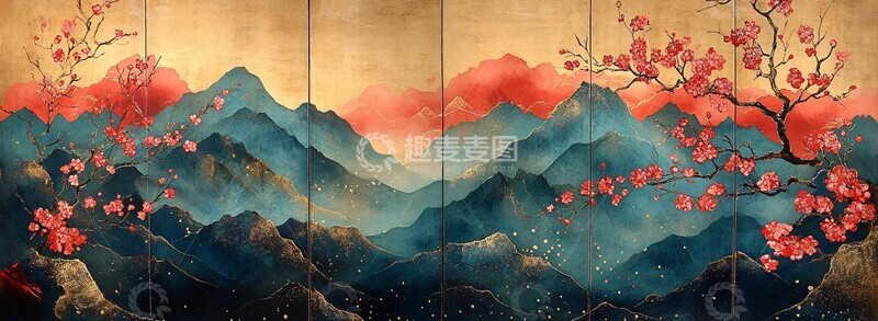 高清大图下载【趣麦麦图】山水桃花屏风1
