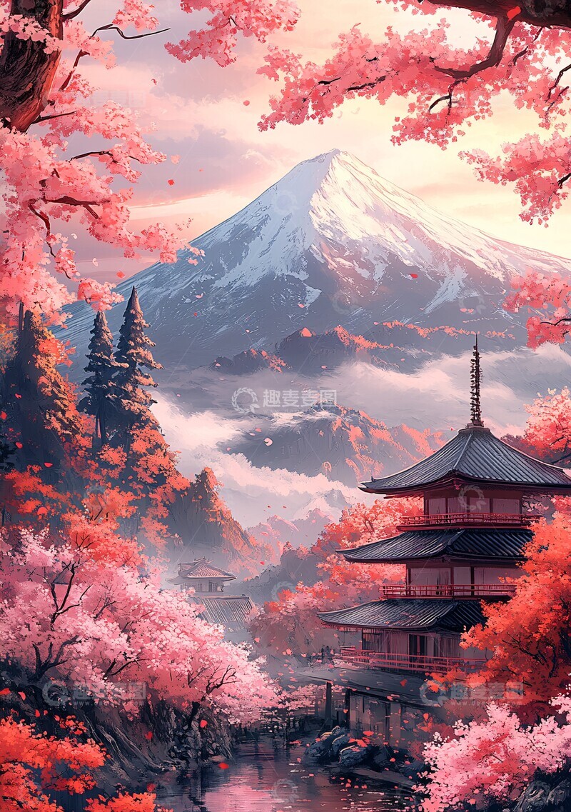 高清大图下载【趣麦麦图】春日富士樱花图