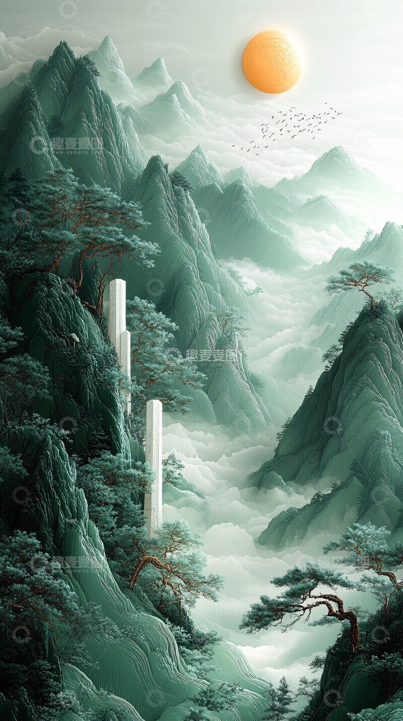 高清大图下载【趣麦麦图】唐代风格绿底壁纸2