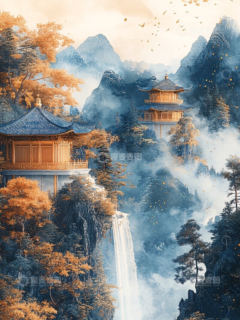 高清大图下载【趣麦麦图】山水金边空白画