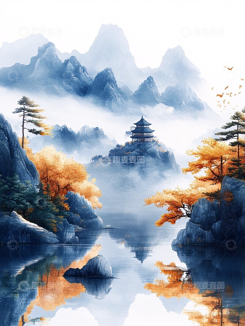 高清大图下载【趣麦麦图】山水金边空白画1