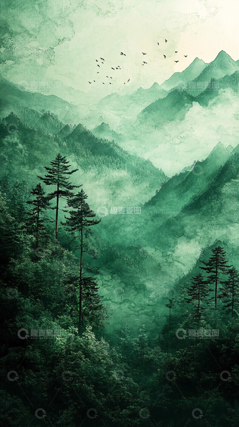 高清大图下载【趣麦麦图】唐代风格绿底壁纸1