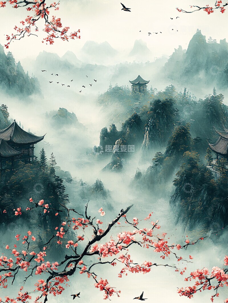 高清大图下载【趣麦麦图】云雾山鸟花树