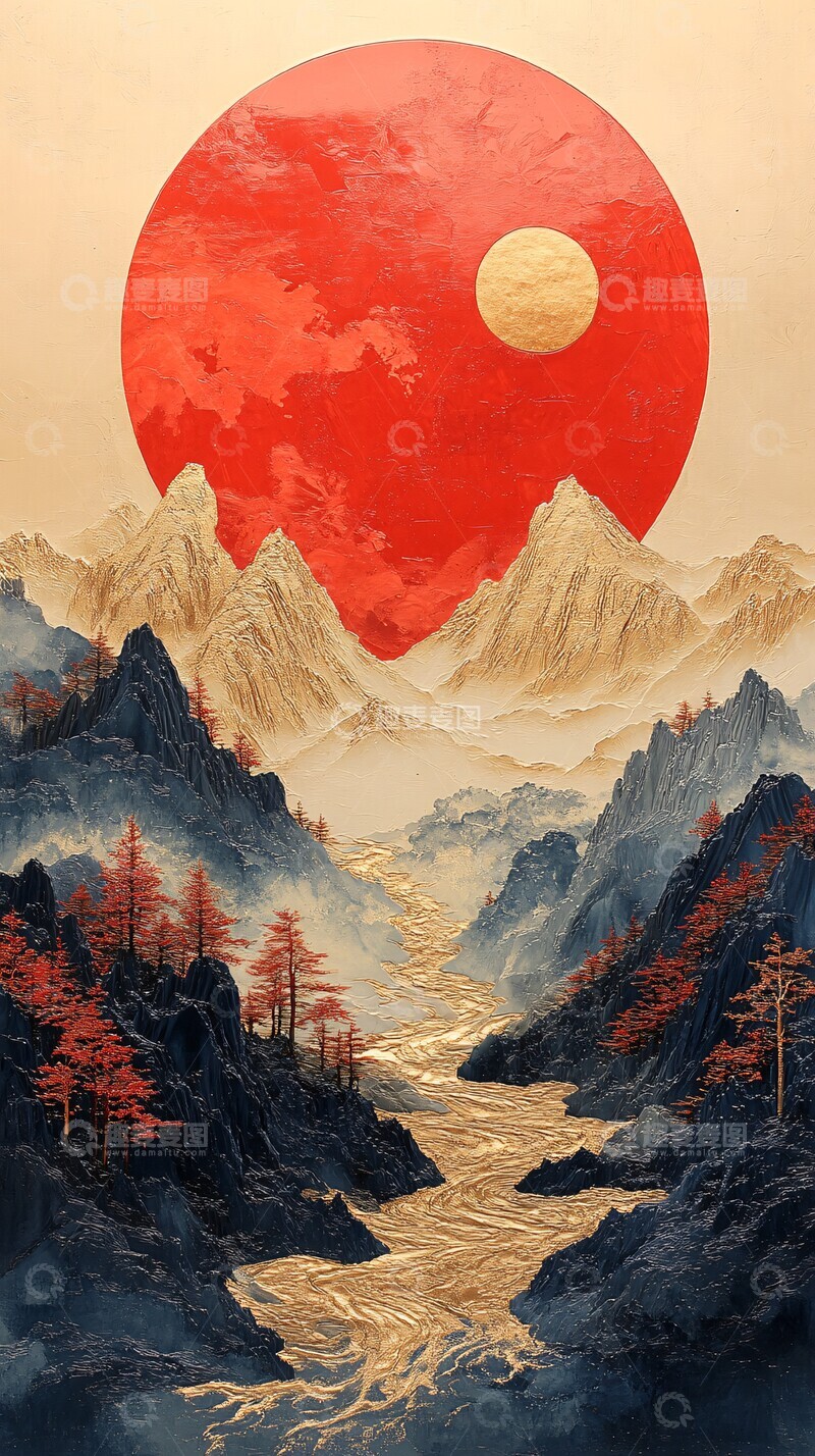 高清大图下载【趣麦麦图】红金山水漆画雕塑3