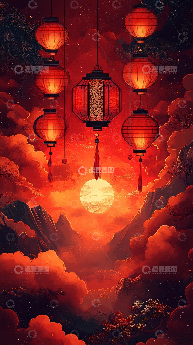 高清大图下载【趣麦麦图】红色祥云灯笼图1