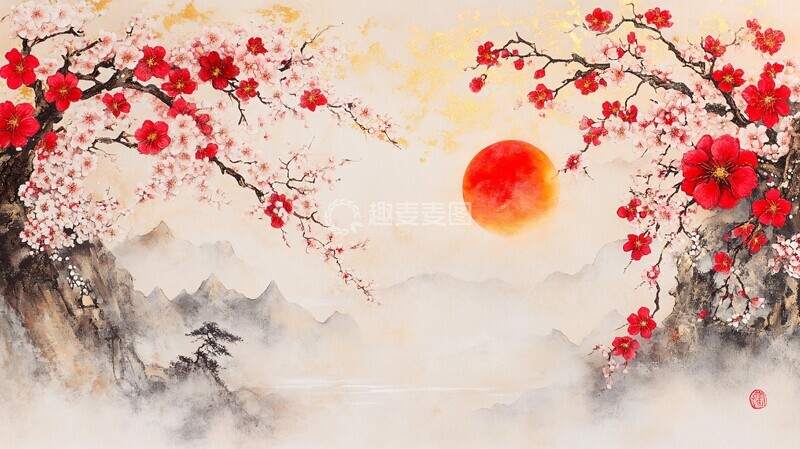 高清大图下载【趣麦麦图】樱花湖畔夕阳1