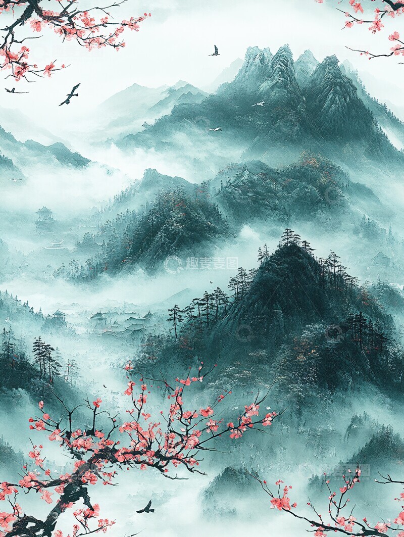 高清大图下载【趣麦麦图】云雾山鸟花树1