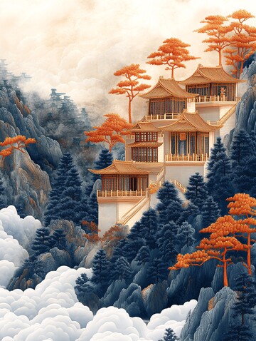 山水刺绣图刺绣山水金色1