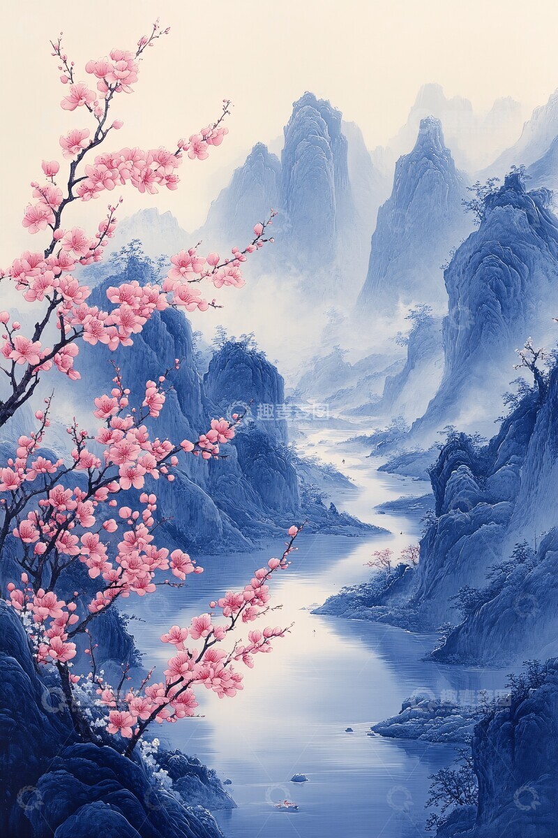 高清大图下载【趣麦麦图】山水梅花图梅花河流远山2