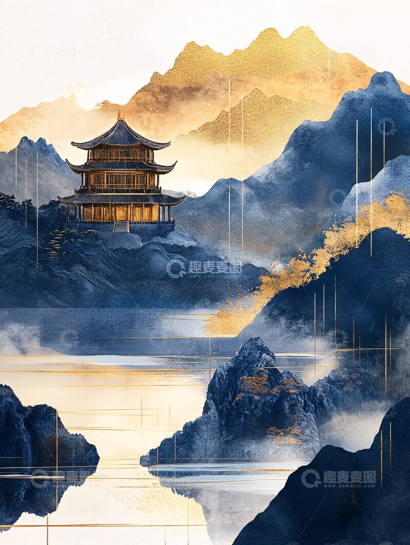 高清大图下载【趣麦麦图】金蓝山水刺绣2