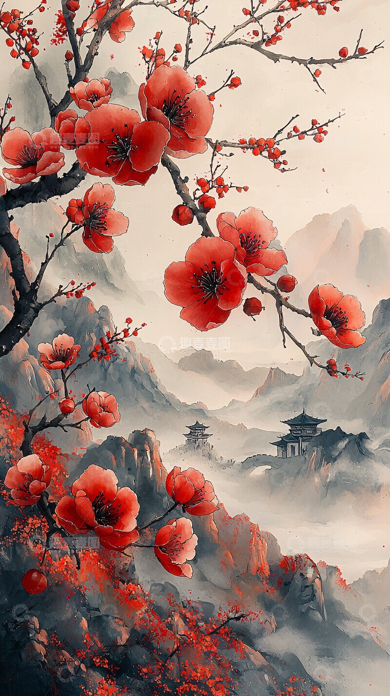 高清大图下载【趣麦麦图】红白梅花墨韵图2