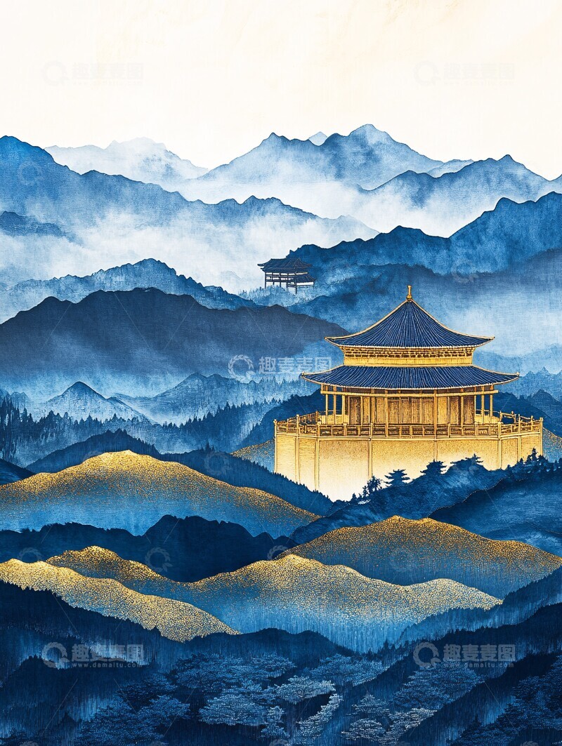 高清大图下载【趣麦麦图】金蓝山水刺绣3