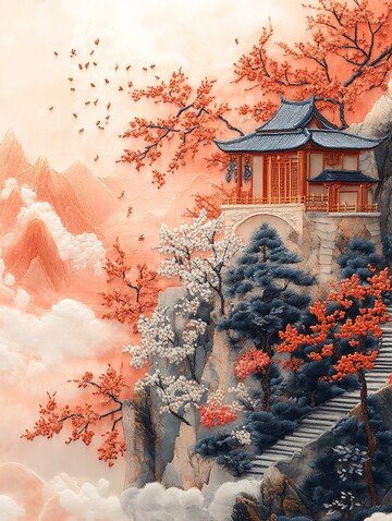 山水刺绣图刺绣山水金色2