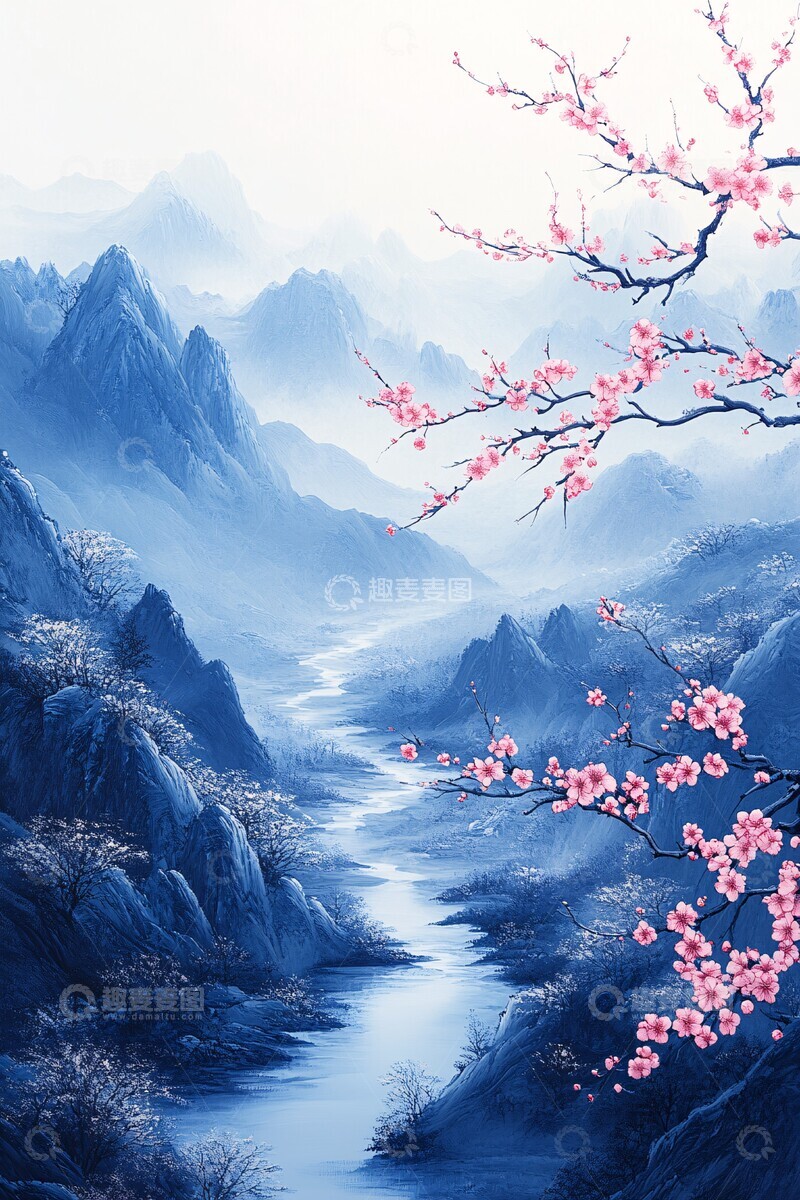 高清大图下载【趣麦麦图】山水梅花图梅花河流远山
