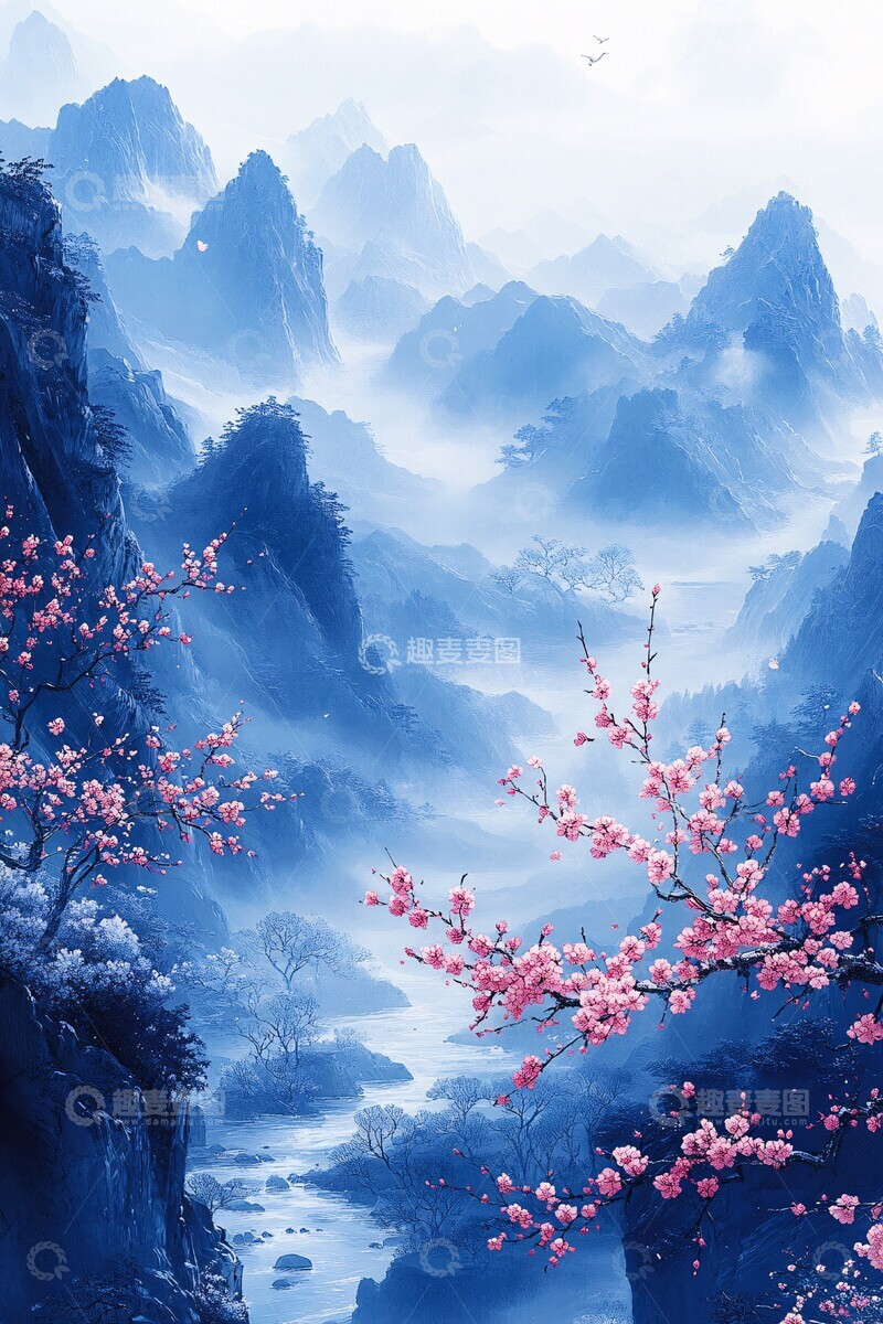 高清大图下载【趣麦麦图】山水梅花图梅花河流远山1