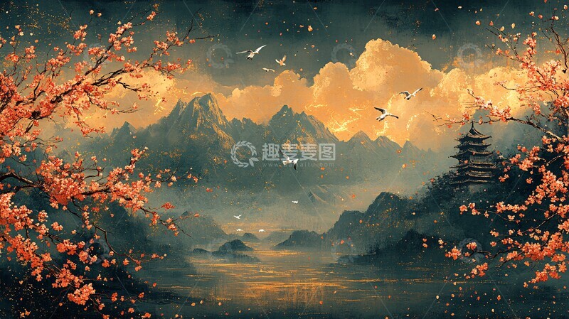 高清大图下载【趣麦麦图】樱花飞鹤云电图1