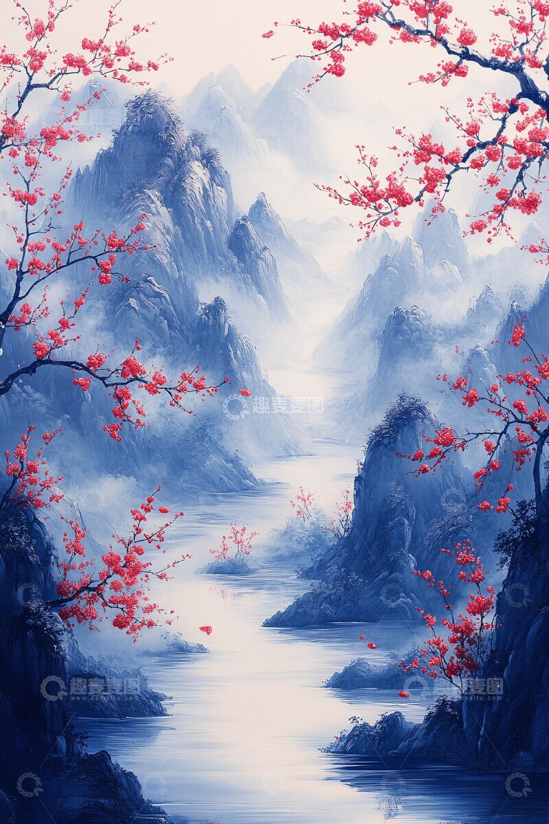 高清大图下载【趣麦麦图】山水梅花图梅花河流远山3