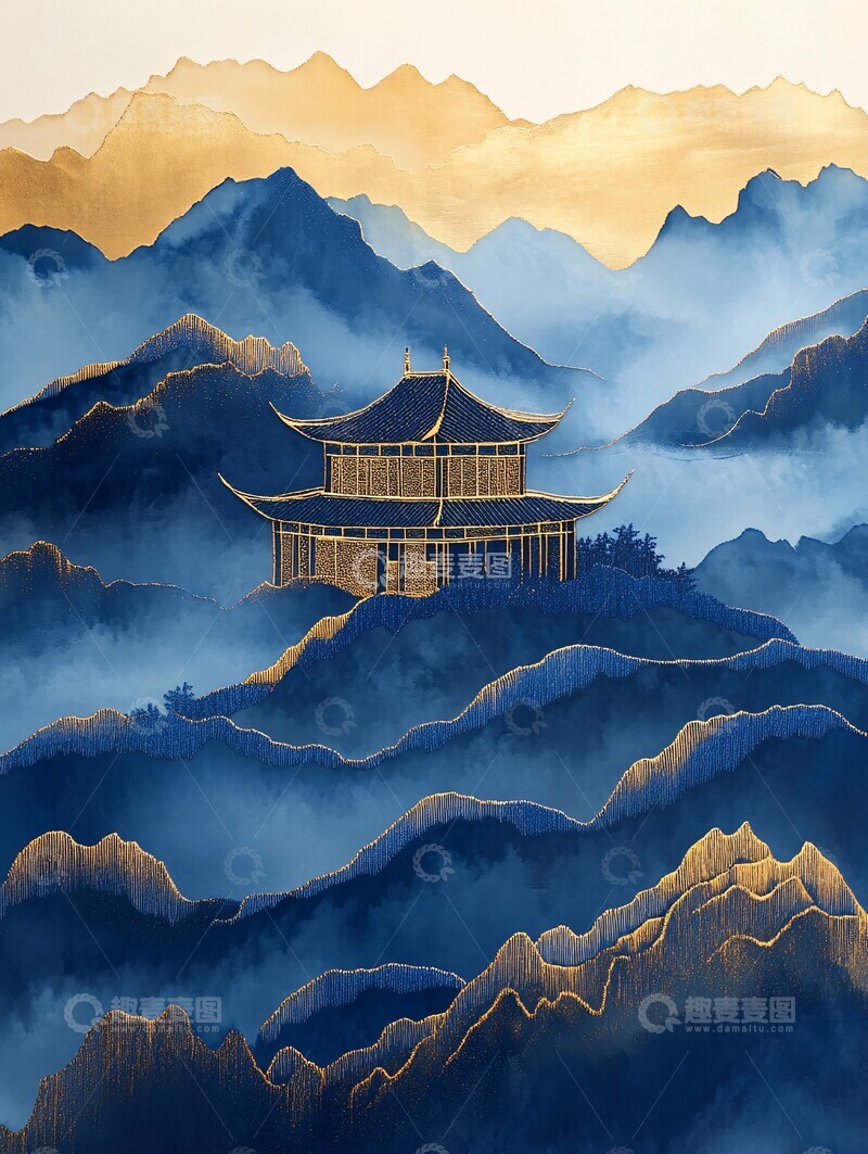 高清大图下载【趣麦麦图】金蓝山水刺绣1