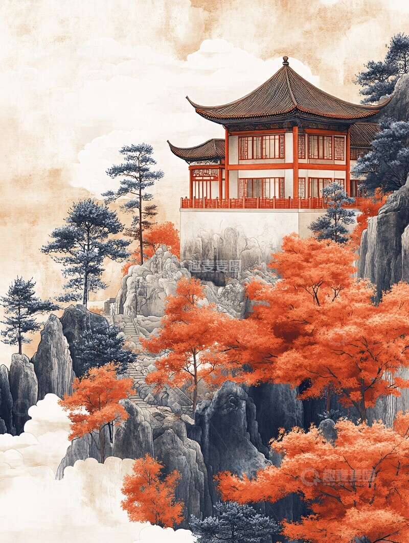 高清大图下载【趣麦麦图】山水刺绣图刺绣山水金色3