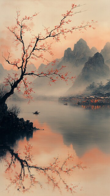 孤舟映云山墨影2