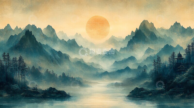 高清大图下载【趣麦麦图】青绿山水刺绣图1