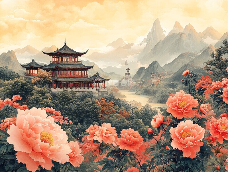 高清大图下载【趣麦麦图】山水牡丹亭阁图