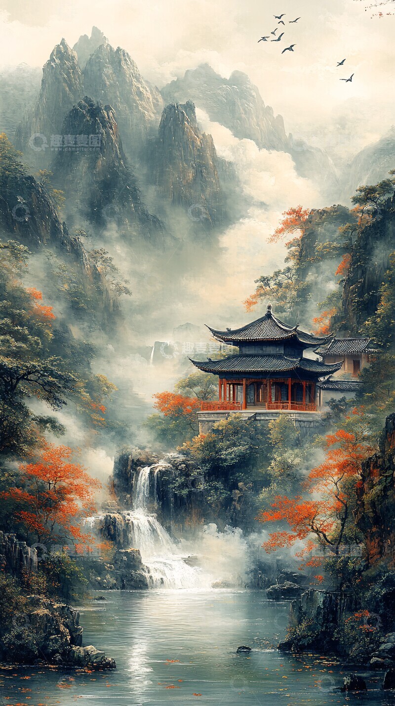 高清大图下载【趣麦麦图】山水云水画山水云水绿色1