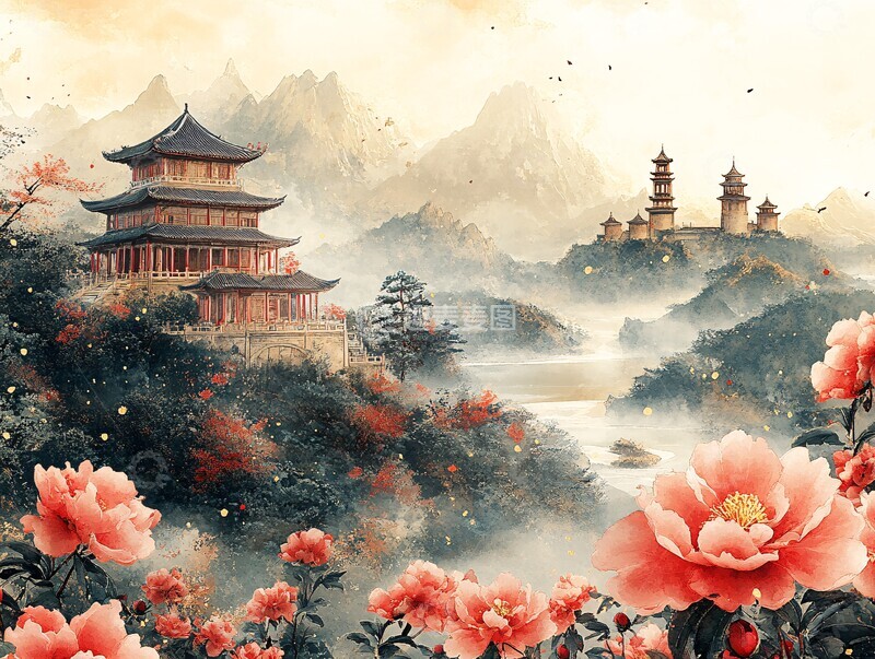 高清大图下载【趣麦麦图】山水牡丹亭阁图3