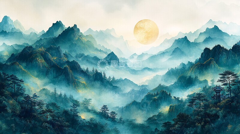 高清大图下载【趣麦麦图】青绿山水刺绣图